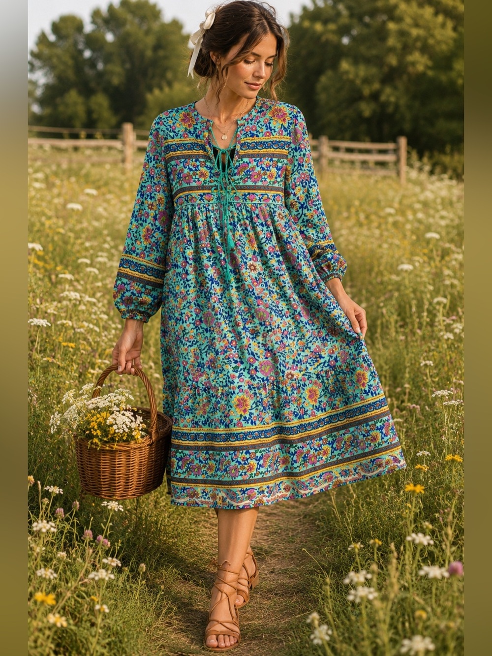 R Vivimos Boho Floral Midi Dress Womens M Teal Tassel Tie V Neck NWT Peasant A4 - Picture 2 of 15